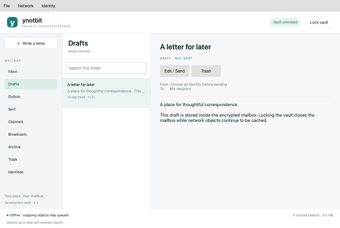ynotbit desktop with an editable encrypted draft